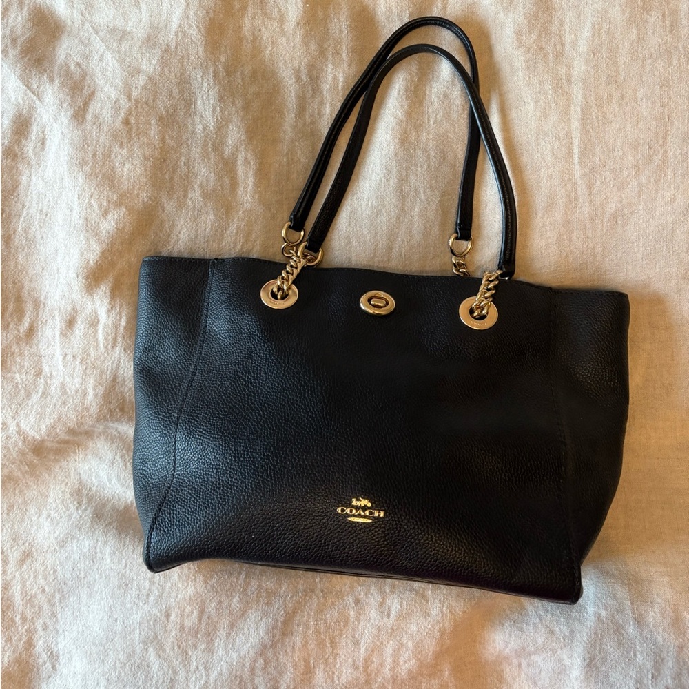 Coach Black Leather Structured Tote with Gold Accents